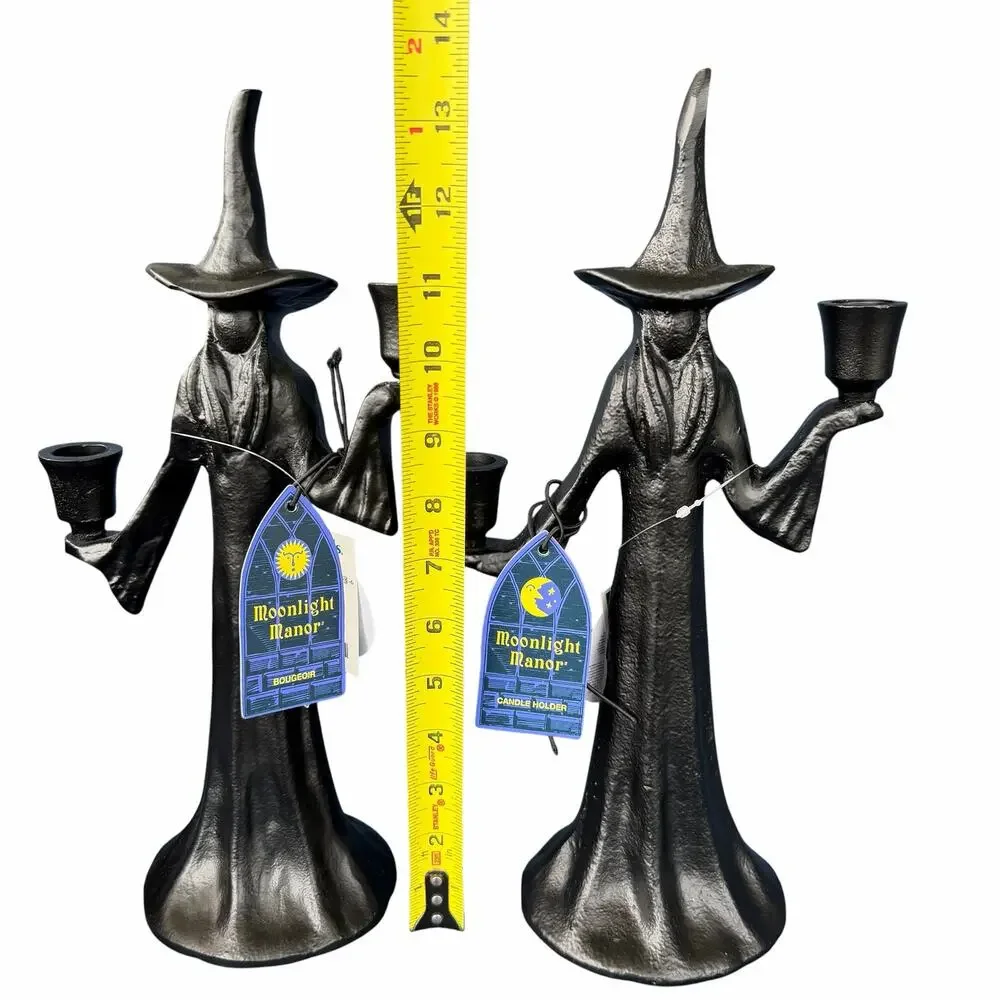 Moonlight Manor Witch Candle Holder Pair Black Metal Halloween Gothic Taper NWT